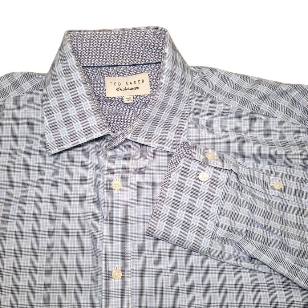 Ted Baker Endurance Mens Button Up Sz L 16.5 32/33 White Blue Check Cotton